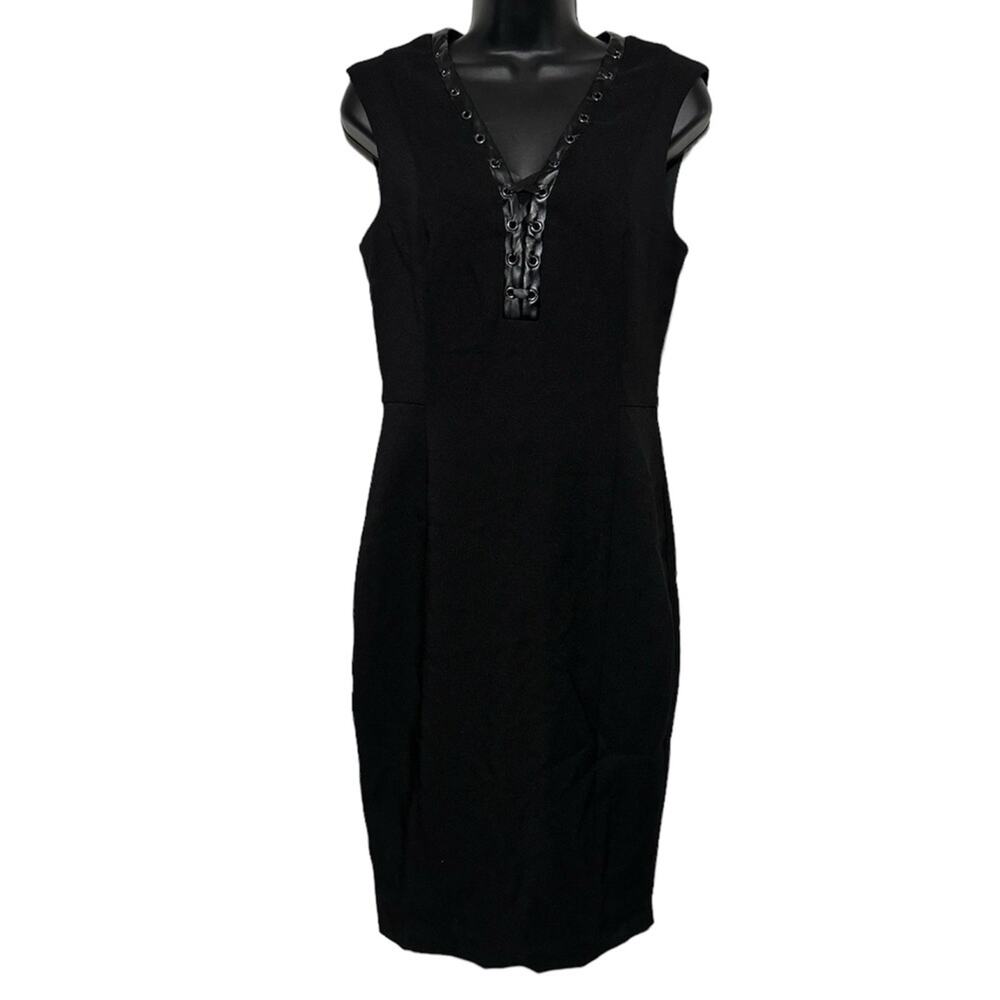Beyond Ashley Graham LBD Black Pencil Dress‎ Faux Leather Trim Women’s Size 6